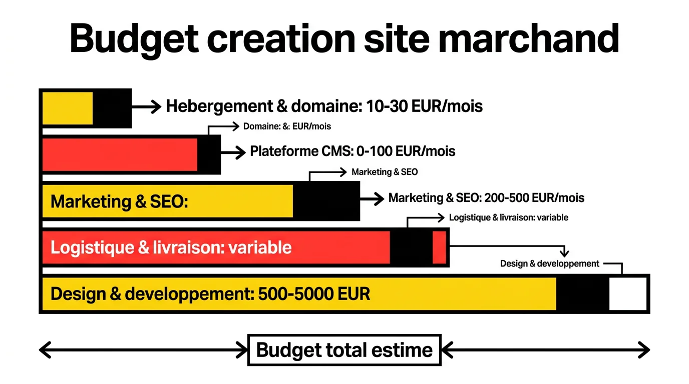 Diagramme de répartition du budget pour créer un site marchand : hébergement, plateforme, marketing, logistique