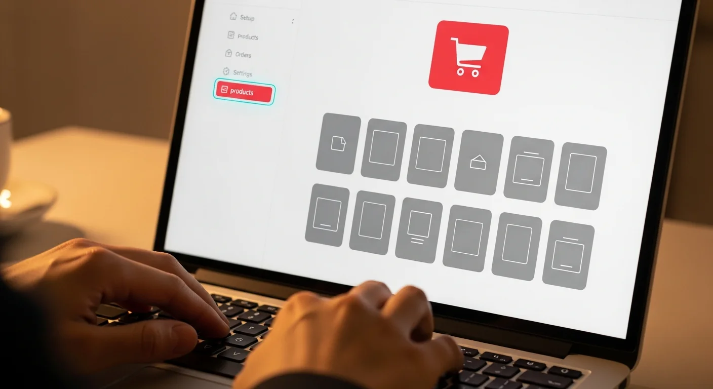 Mains sur un clavier d'ordinateur avec icône panier d'achat visible à l'écran, création boutique en ligne