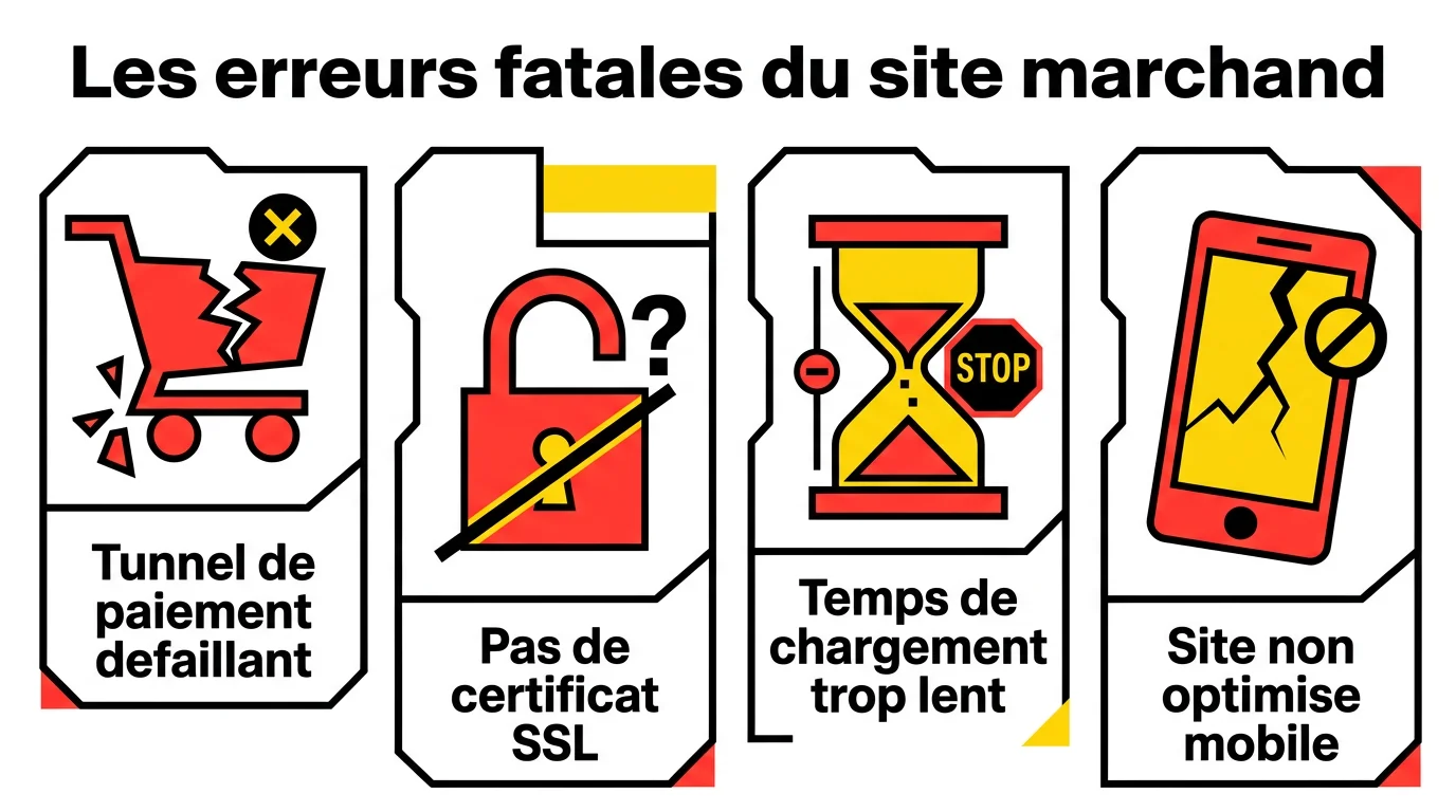 Infographie des erreurs fatales d'un site marchand : panier défaillant, absence SSL, chargement lent, non-adapté mobile
