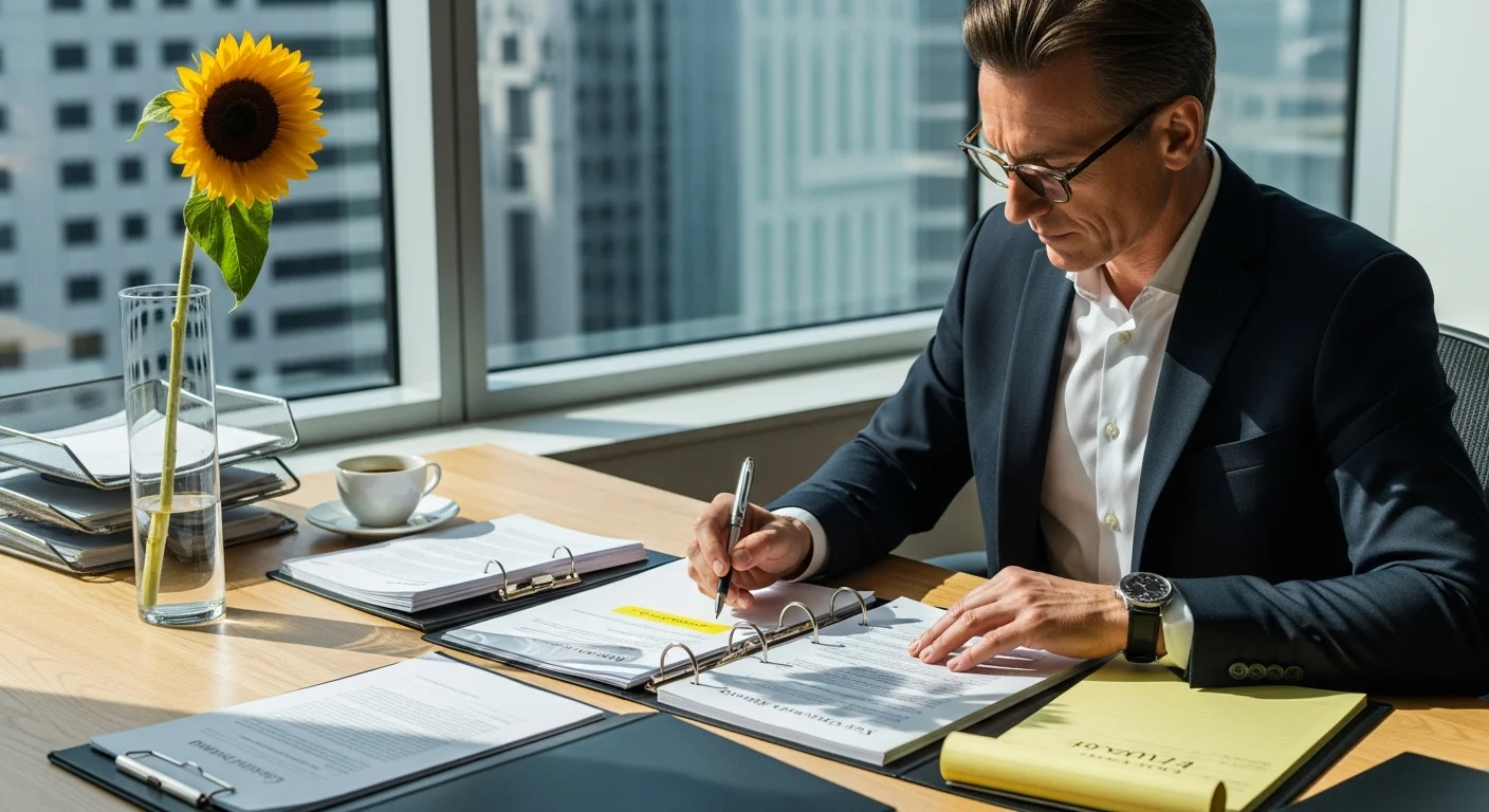 Personne en costume consultant des documents juridiques et contrats sur un bureau, réglementation e-commerce