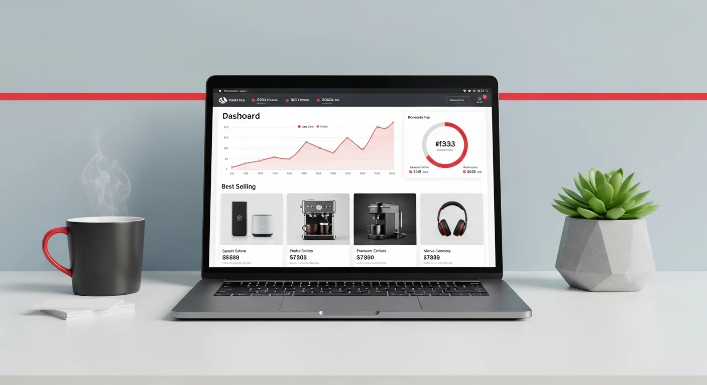 Bureau professionnel avec laptop affichant un dashboard e-commerce avec graphiques et fiches produits