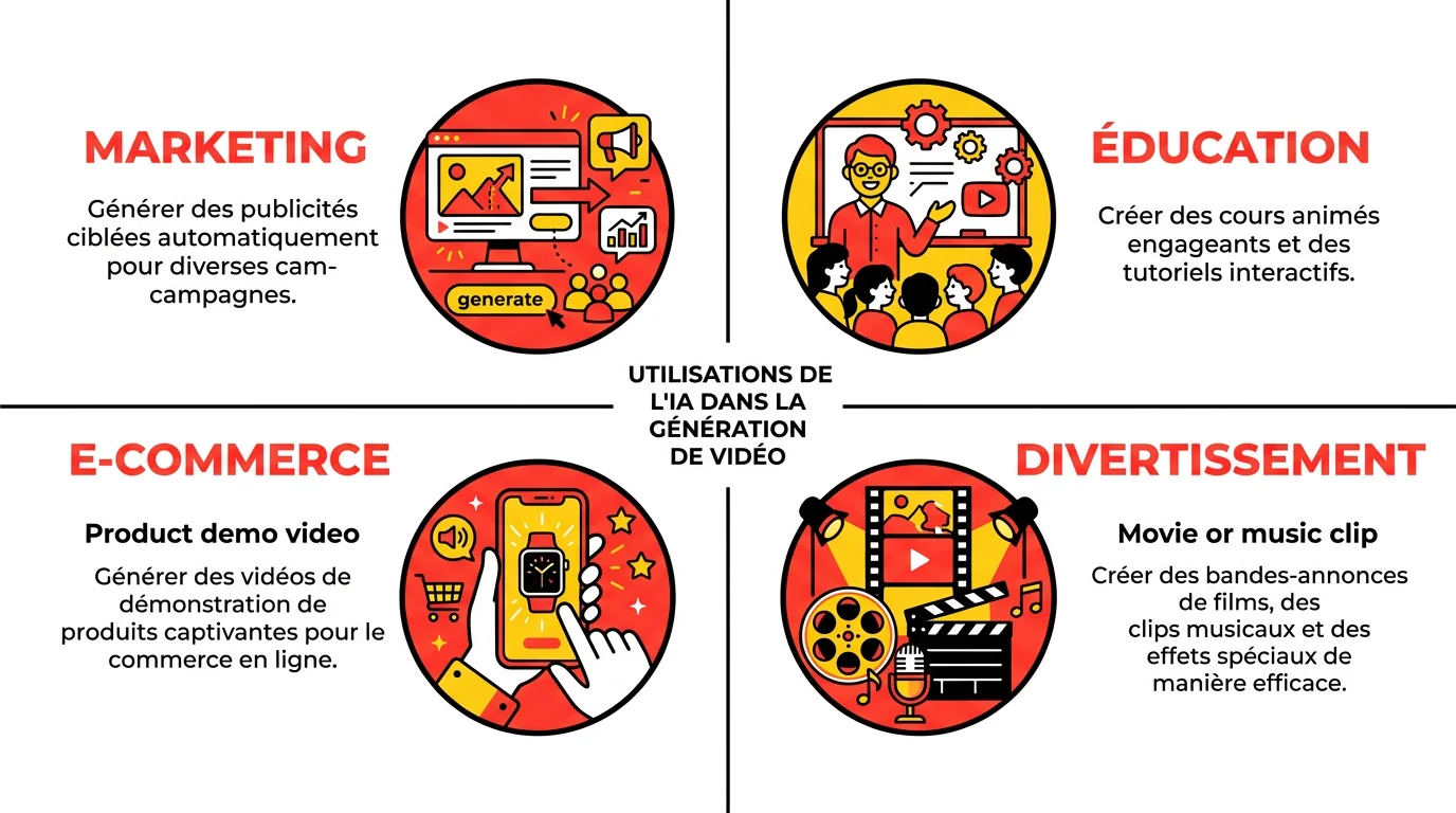 Cas d'usage de la génération vidéo IA par secteur : marketing, éducation, e-commerce, divertissement