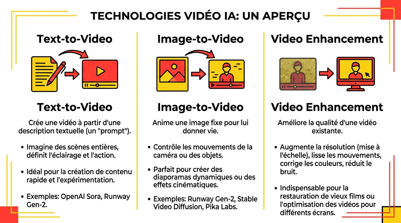 Comparatif des trois technologies IA vidéo : Text-to-Video, Image-to-Video et Video Enhancement