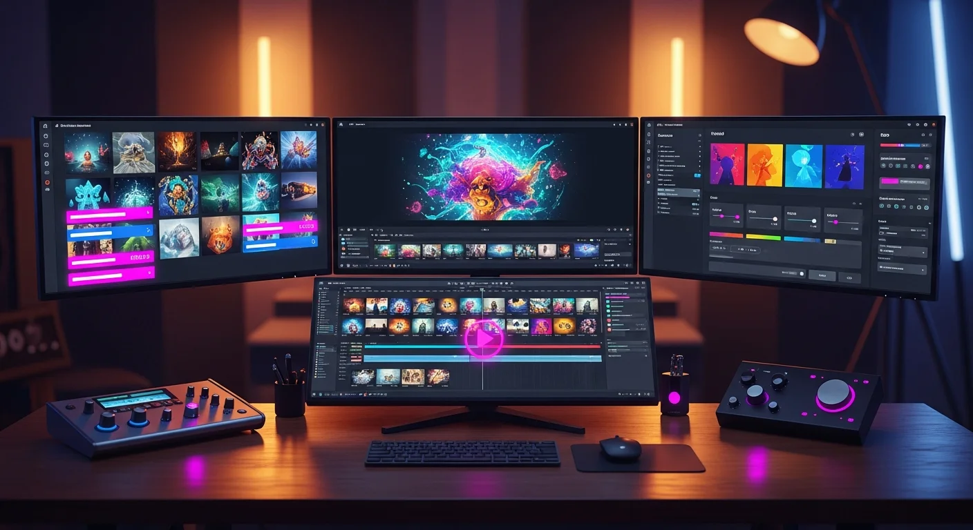 Station de travail vidéo avec interface de génération IA sur plusieurs écrans