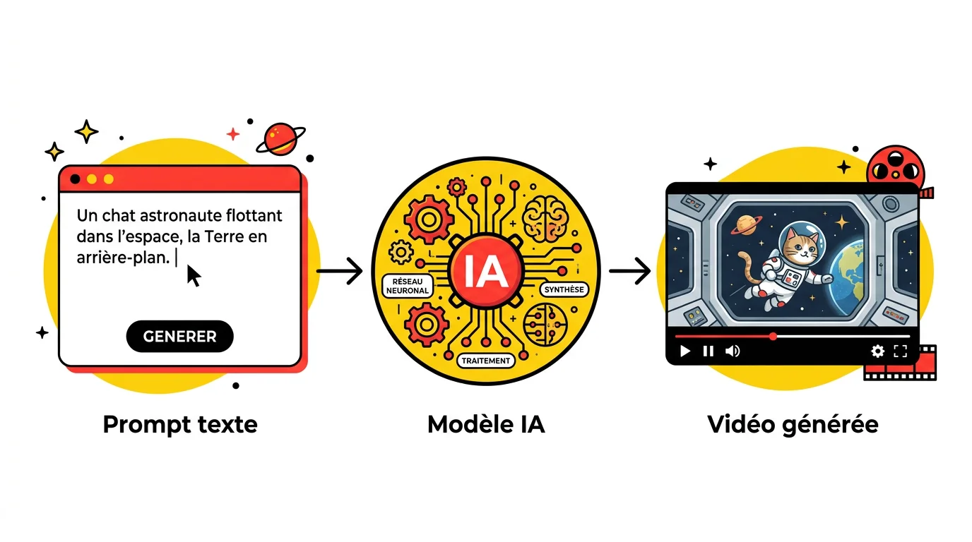 Infographie du pipeline text-to-video : prompt texte, modèle IA, vidéo générée