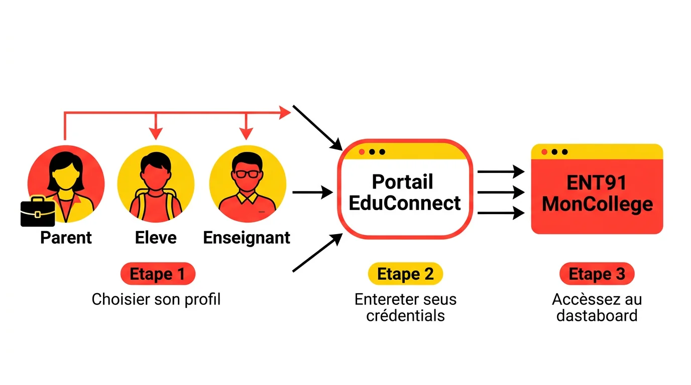 Schéma du flux de connexion EduConnect vers l'ENT91 MonCollège avec les trois profils Parent, Élève et Enseignant