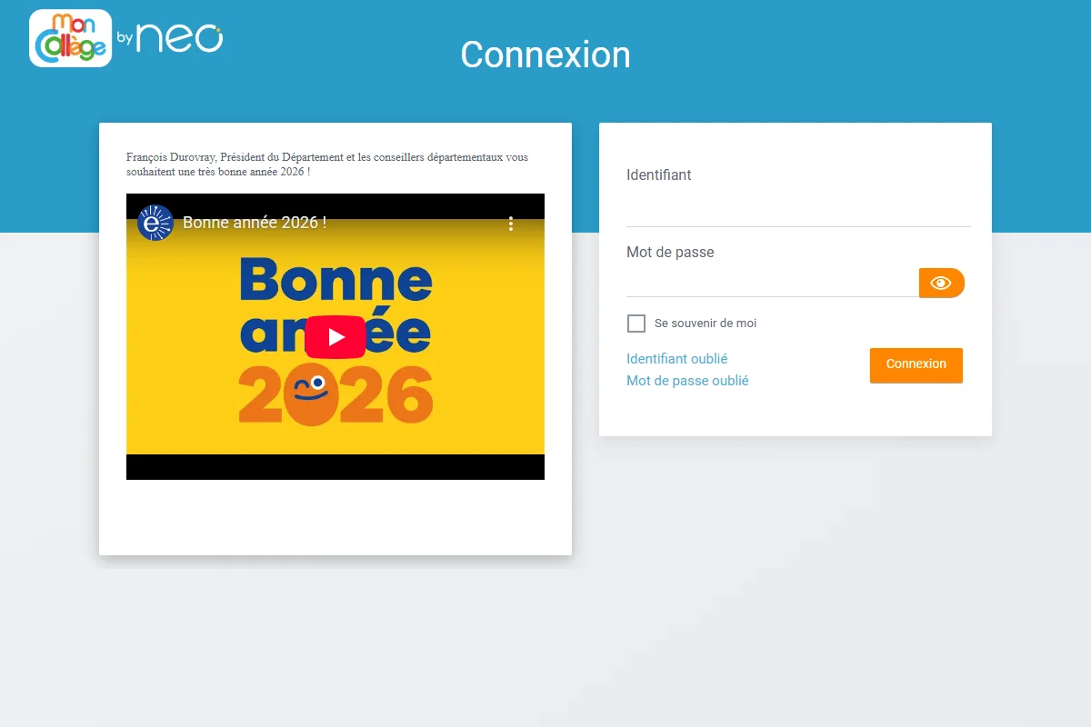 Formulaire de connexion MonCollège Essonne ENT91