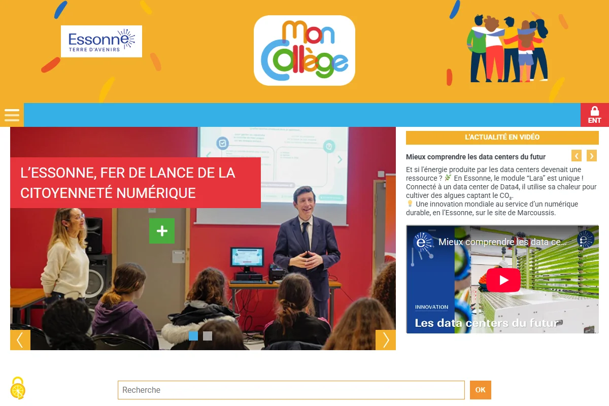 Page d'accueil du portail MonCollège Essonne avec ressources d'accompagnement