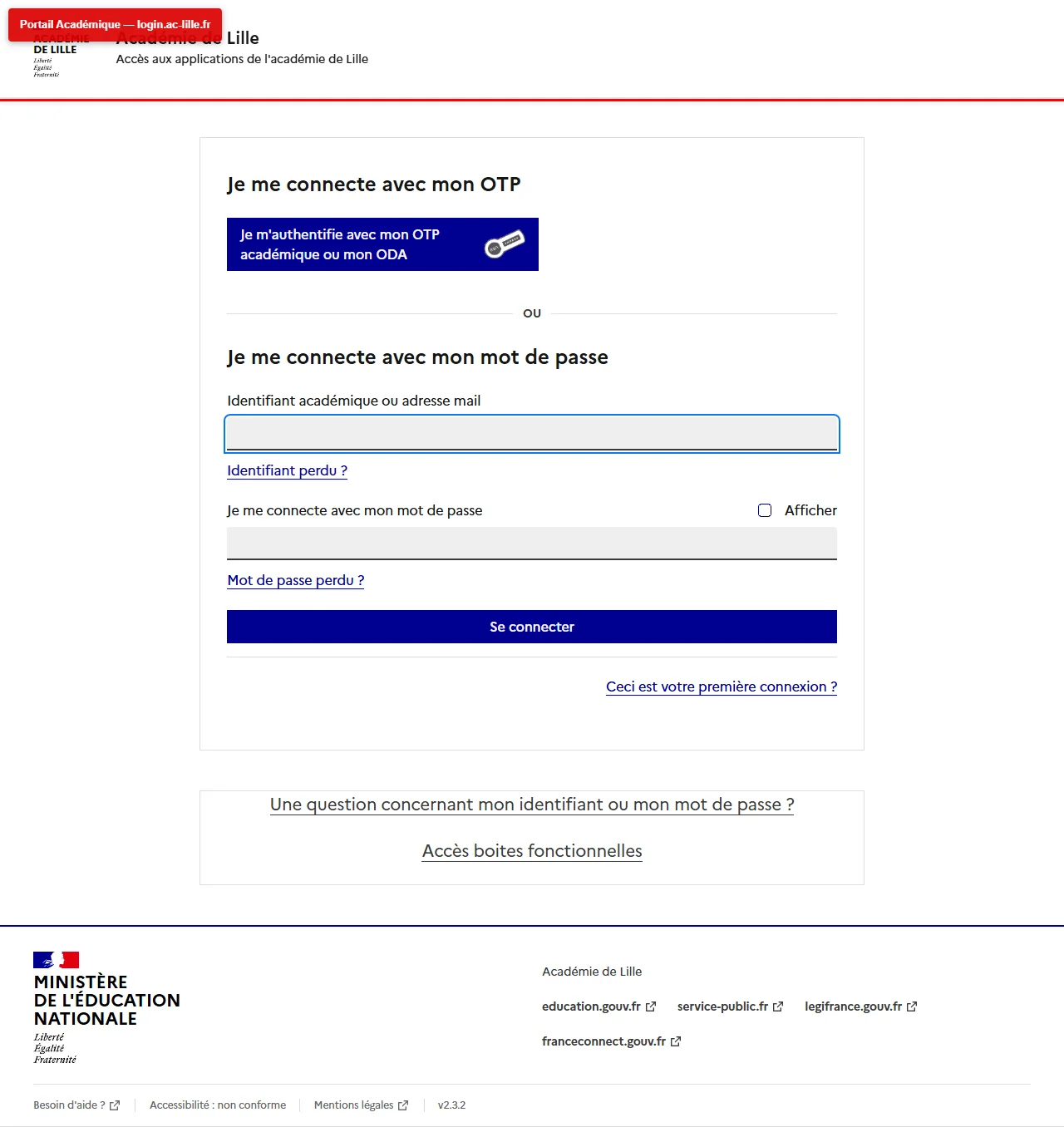 Portail d'authentification de l'Académie de Lille, accès aux applications académiques