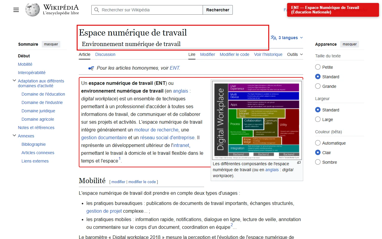 Page Espace Numérique de Travail (ENT) sur le site de l'Éducation Nationale