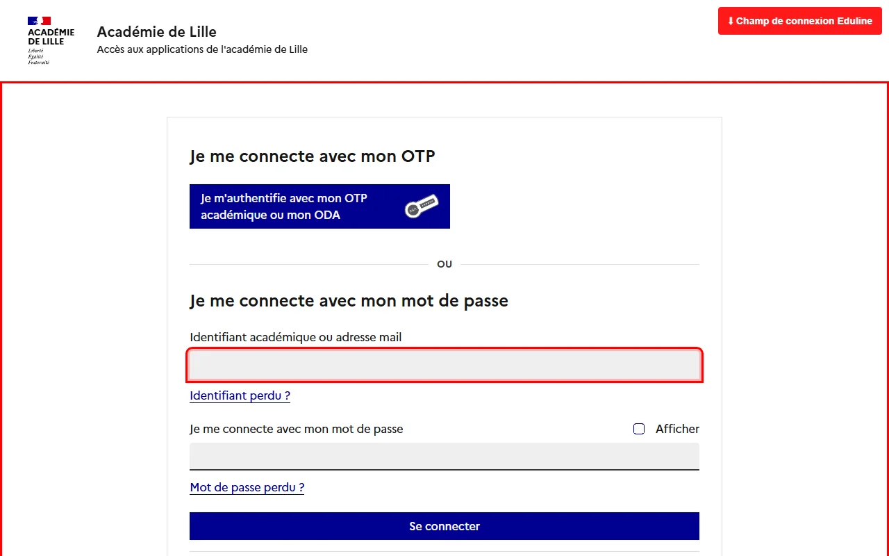 Page de connexion Eduline de l'Académie de Lille avec le champ identifiant académique mis en évidence