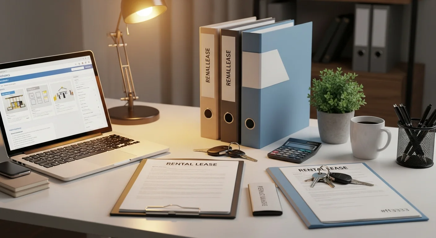 Bureau d'un propriétaire bailleur avec ordinateur, dossiers de baux et clés d'appartement