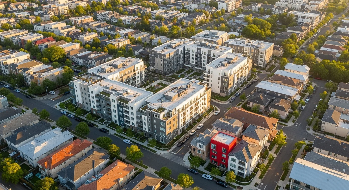 Vue aérienne d'un quartier résidentiel moderne avec immeubles d'appartements