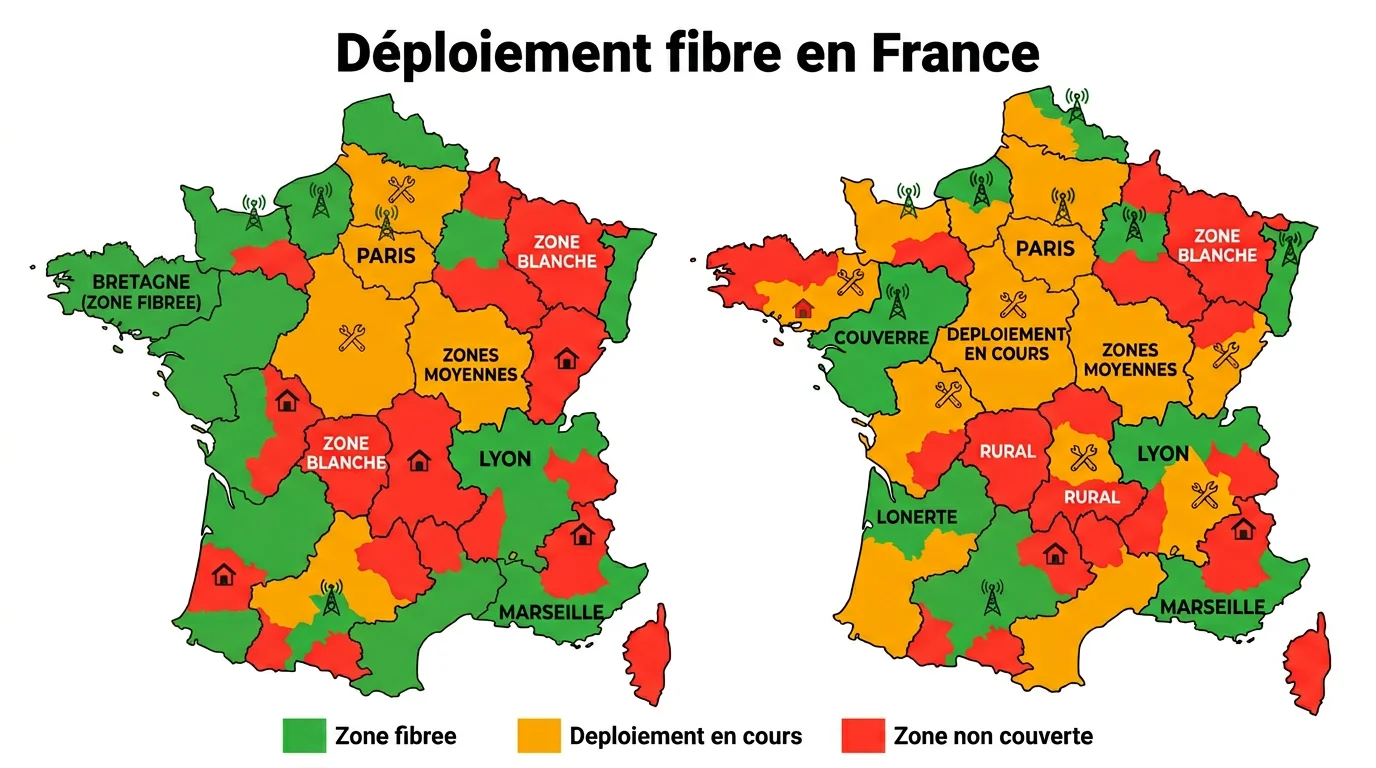 Carte du déploiement de la fibre optique en France par zone en 2025