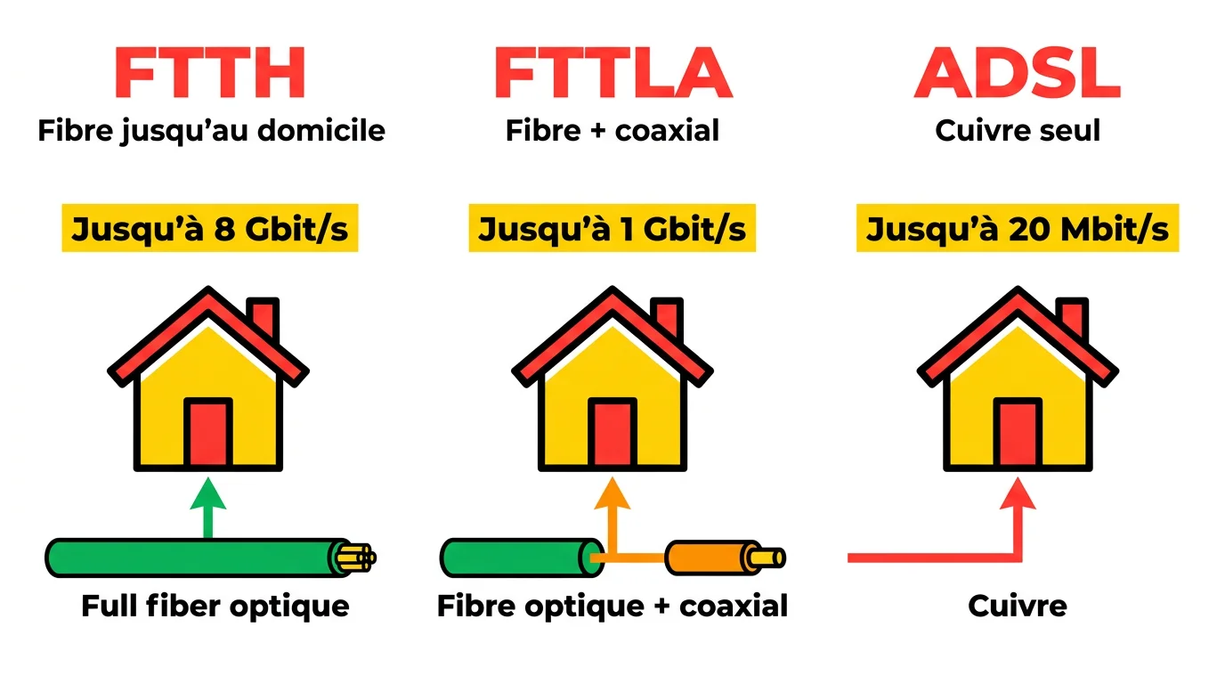 Schéma comparatif des technologies FTTH, FTTLA et ADSL : distances et débits