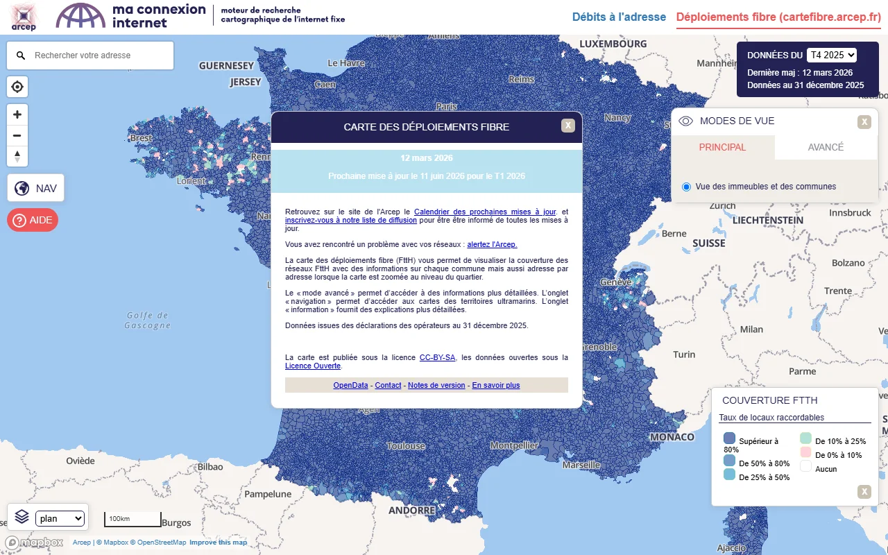 Capture d'écran de la carte interactive ARCEP Ma Connexion Internet pour tester l'éligibilité fibre