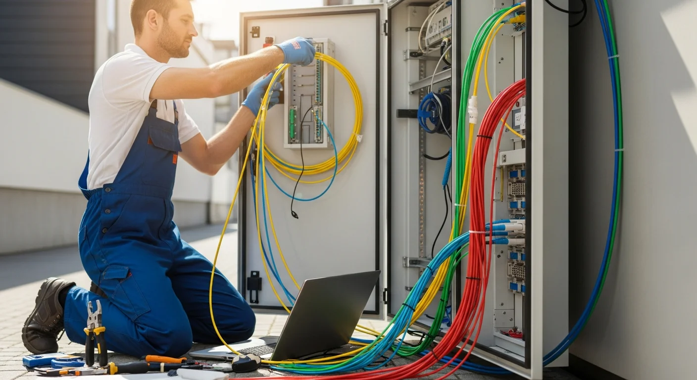 Technicien fibre intervenant sur un noeud de raccordement optique NRO