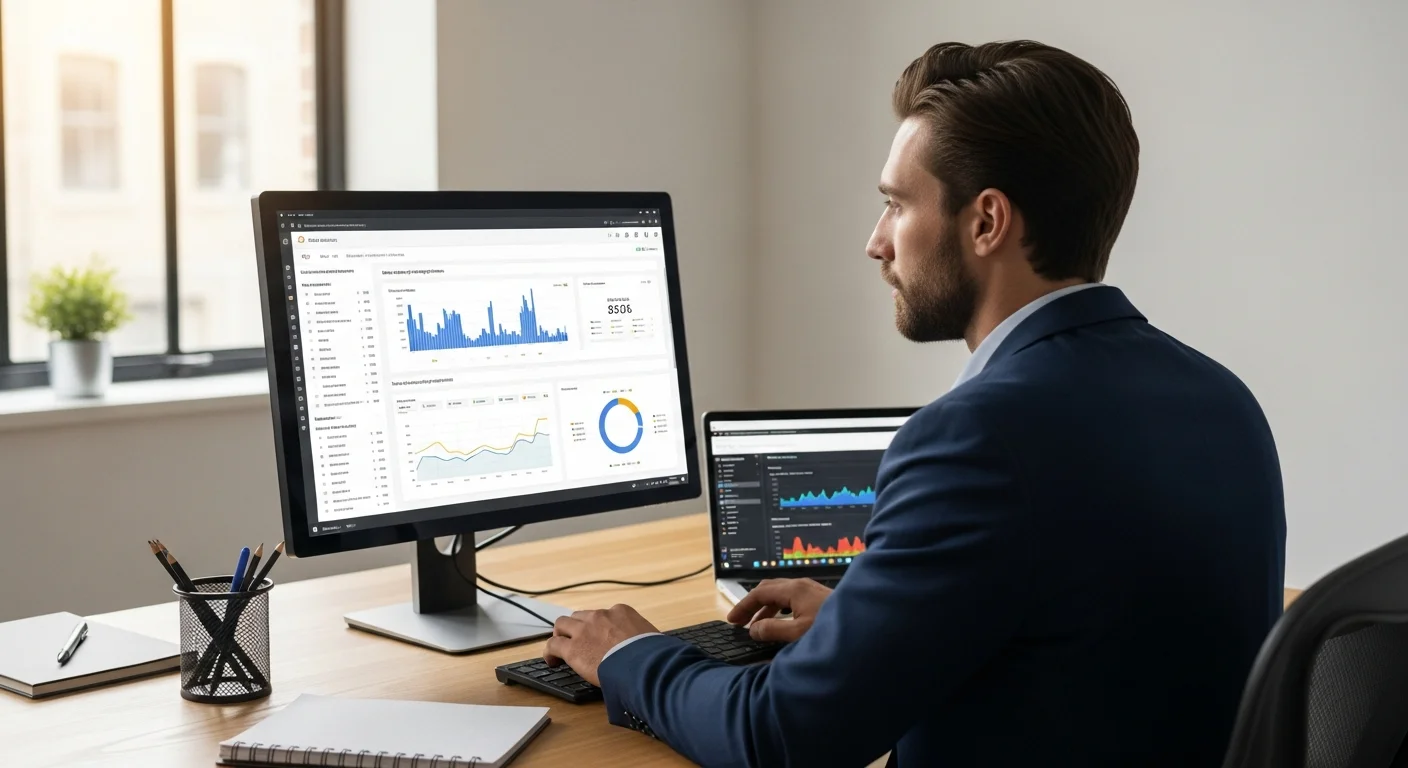 Consultant SEA analysant les performances d'une campagne Google Ads sur un ecran avec tableaux de bord