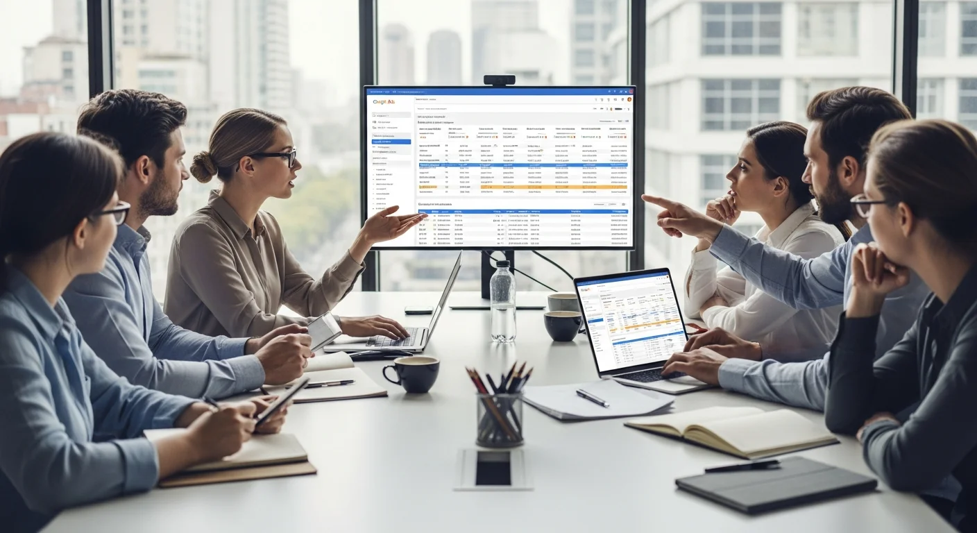 Equipe marketing en reunion autour d'une table discutant de strategie publicitaire avec un laptop