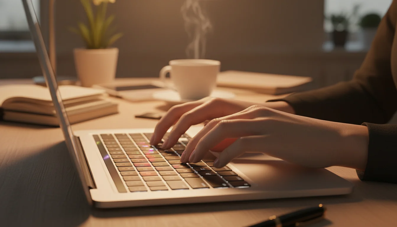 Mains tapant sur le clavier d'un laptop dans un espace de travail professionnel