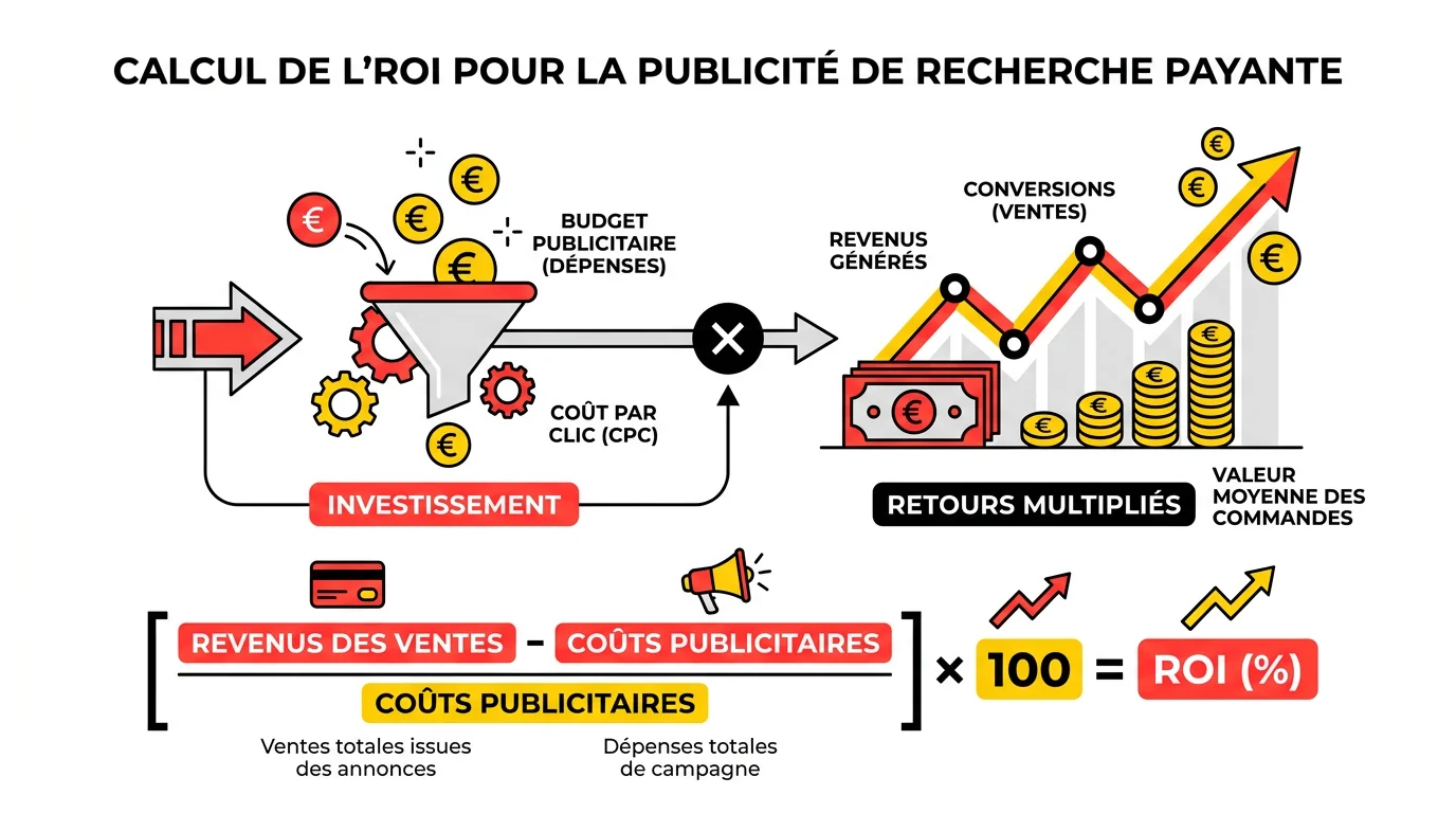 Infographie illustrant le calcul du ROI pour une campagne publicitaire payante avec graphiques et symboles euro