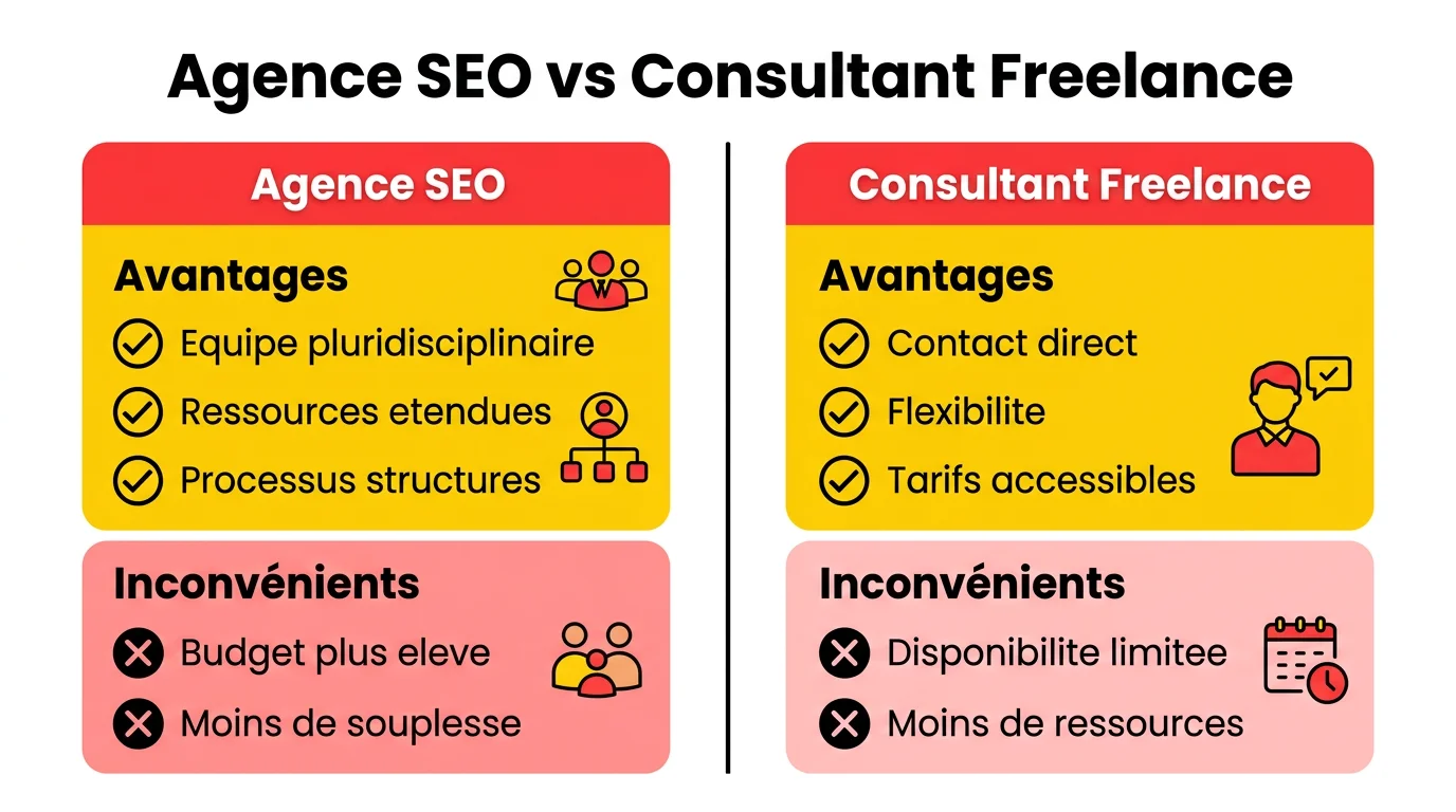 Comparaison agence SEO vs consultant freelance : avantages et inconvenients de chaque option