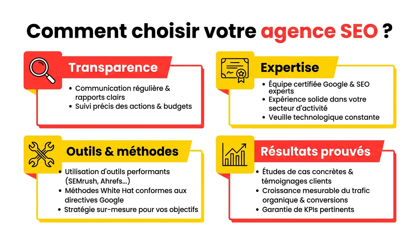 Infographie des criteres de selection d'une agence SEO : transparence, expertise, outils et resultats