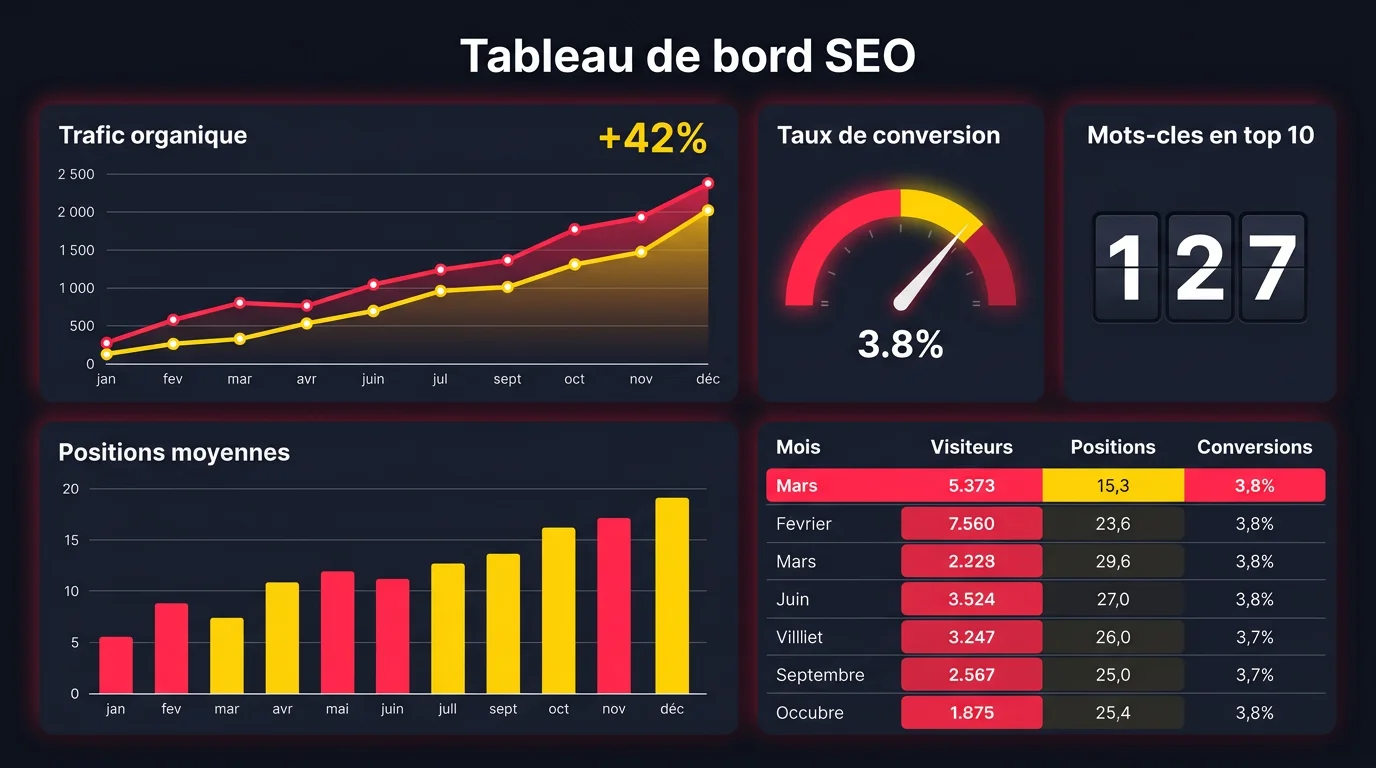 Tableau de bord de reporting SEO avec graphiques de trafic, positions et taux de conversion