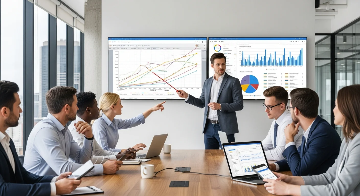 Reunion d'equipe marketing analysant les performances SEO sur ecran dans un bureau moderne