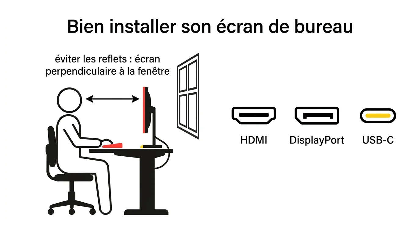 Schéma d'installation ergonomique d'un écran avec connectique HDMI, DisplayPort et USB-C
