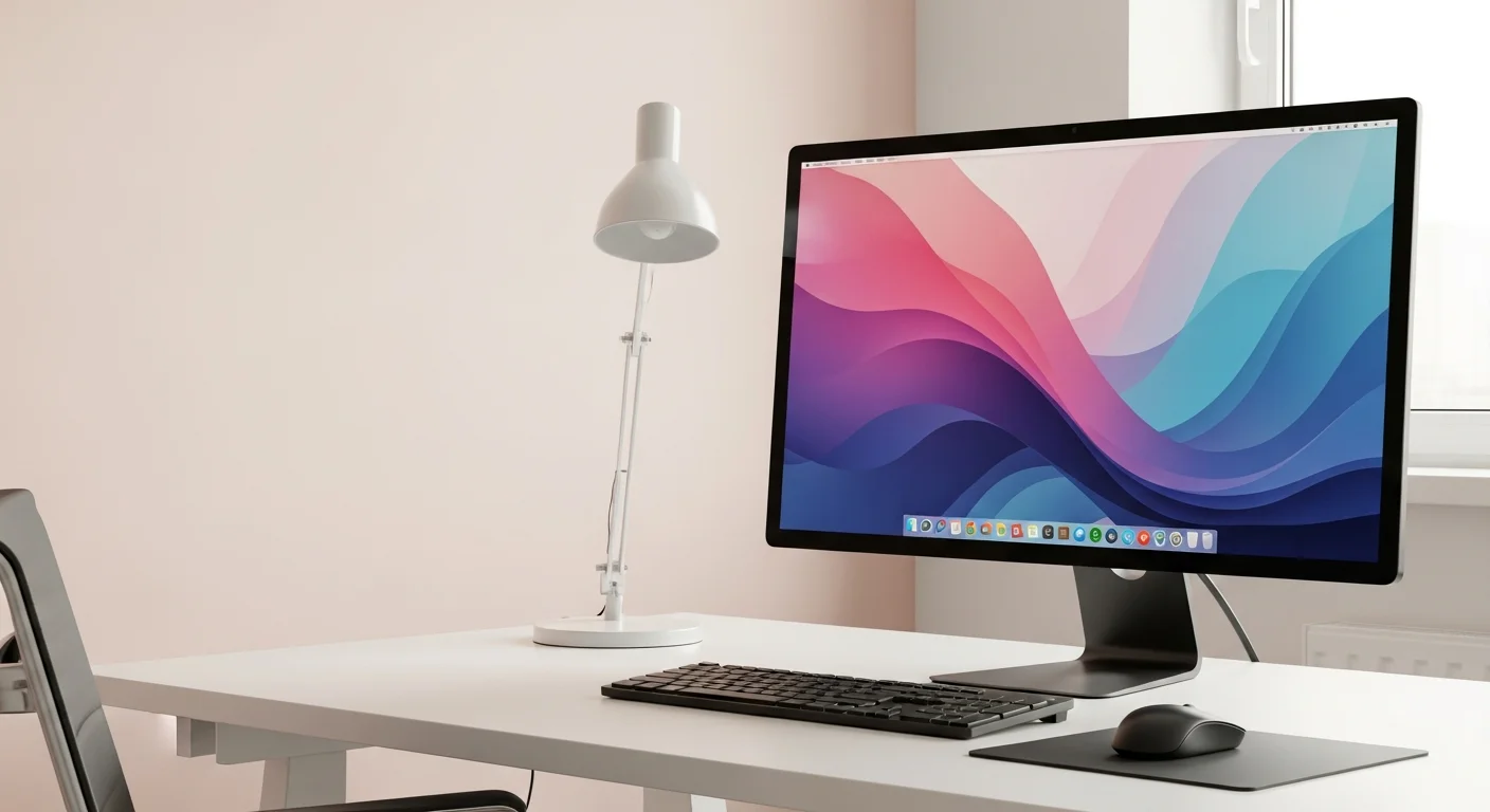 Bureau moderne avec grand moniteur PC affichant un fond d'écran abstrait coloré