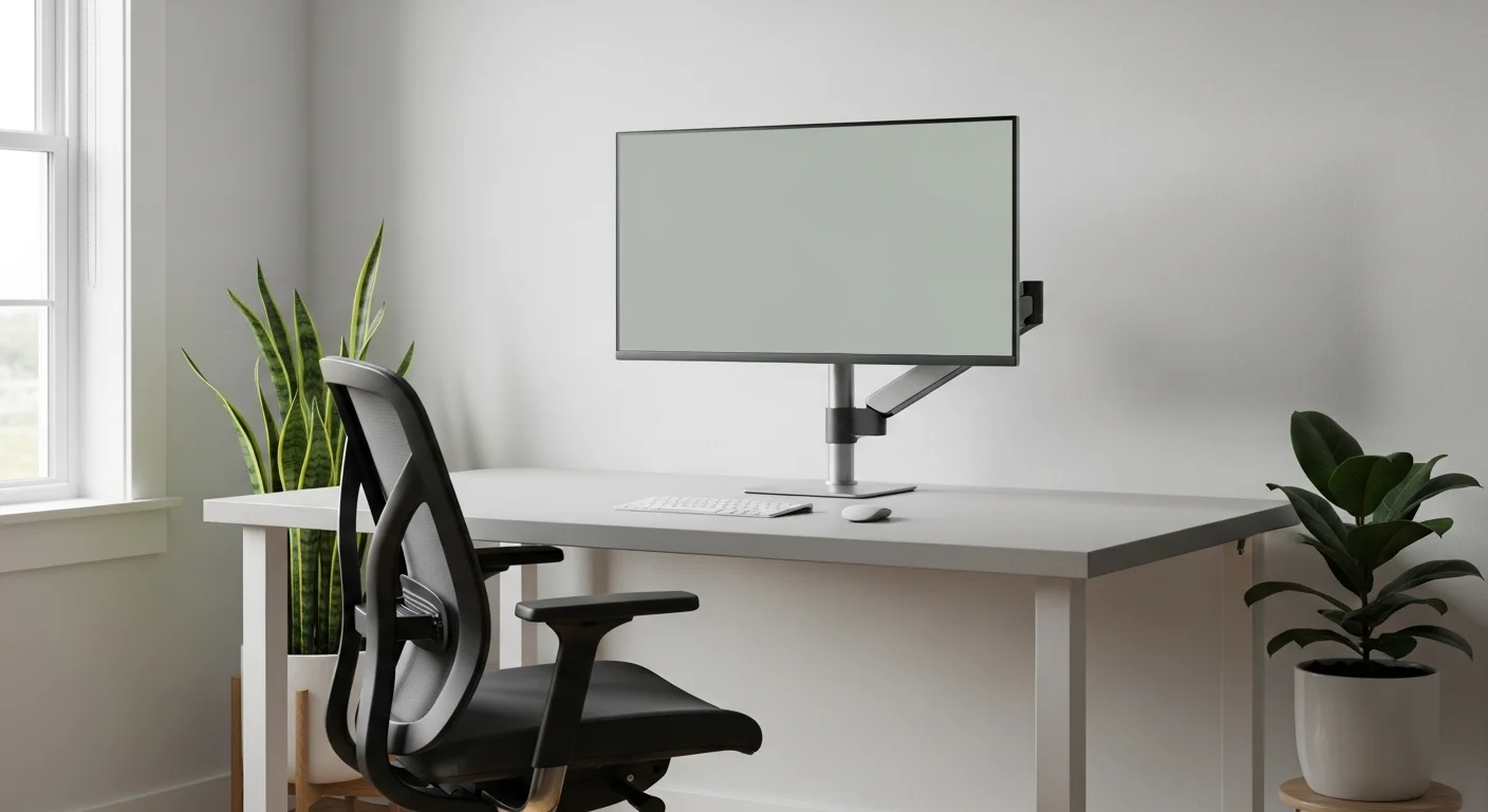 Poste de télétravail ergonomique avec écran réglé à hauteur des yeux