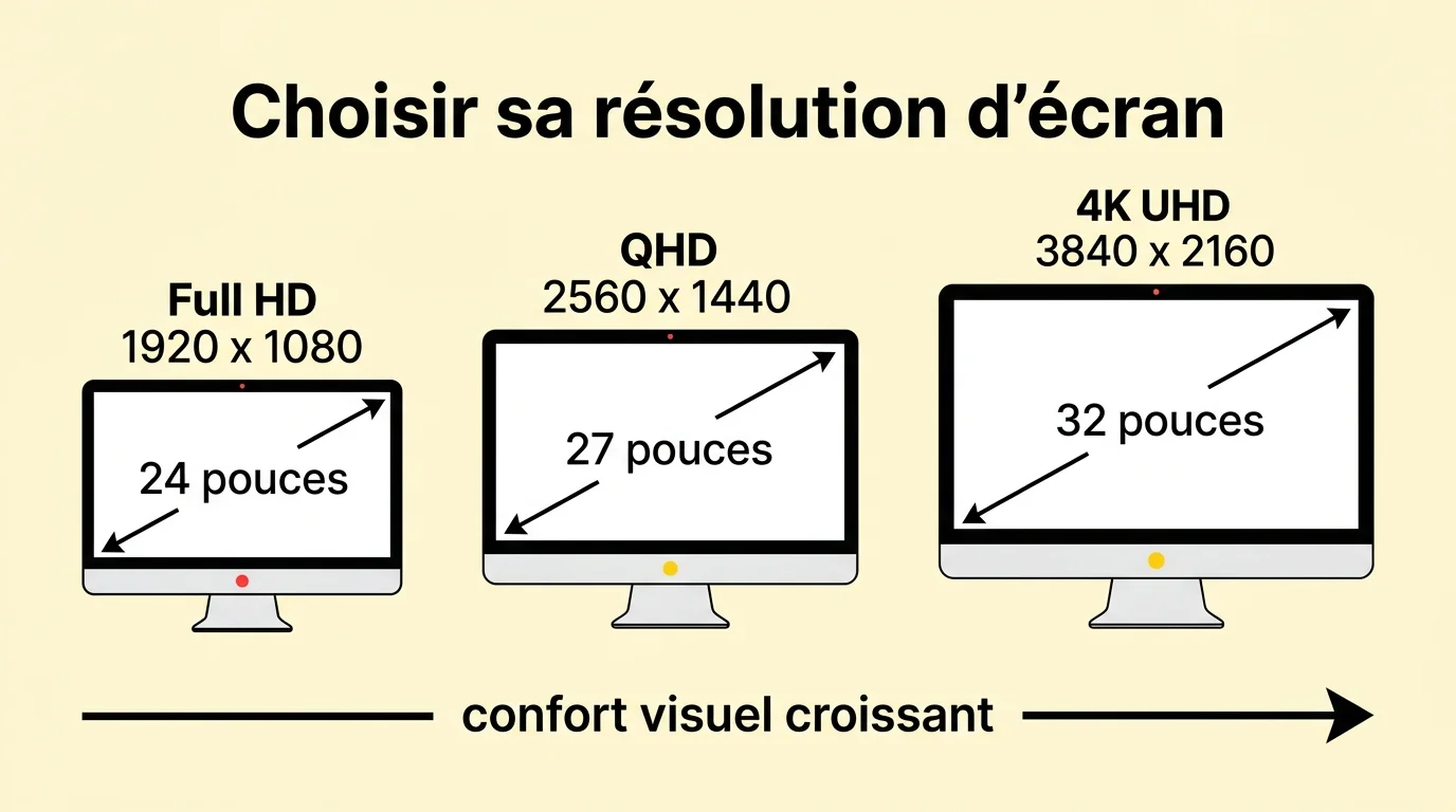 Comparaison des résolutions Full HD, QHD et 4K UHD selon la taille d'écran