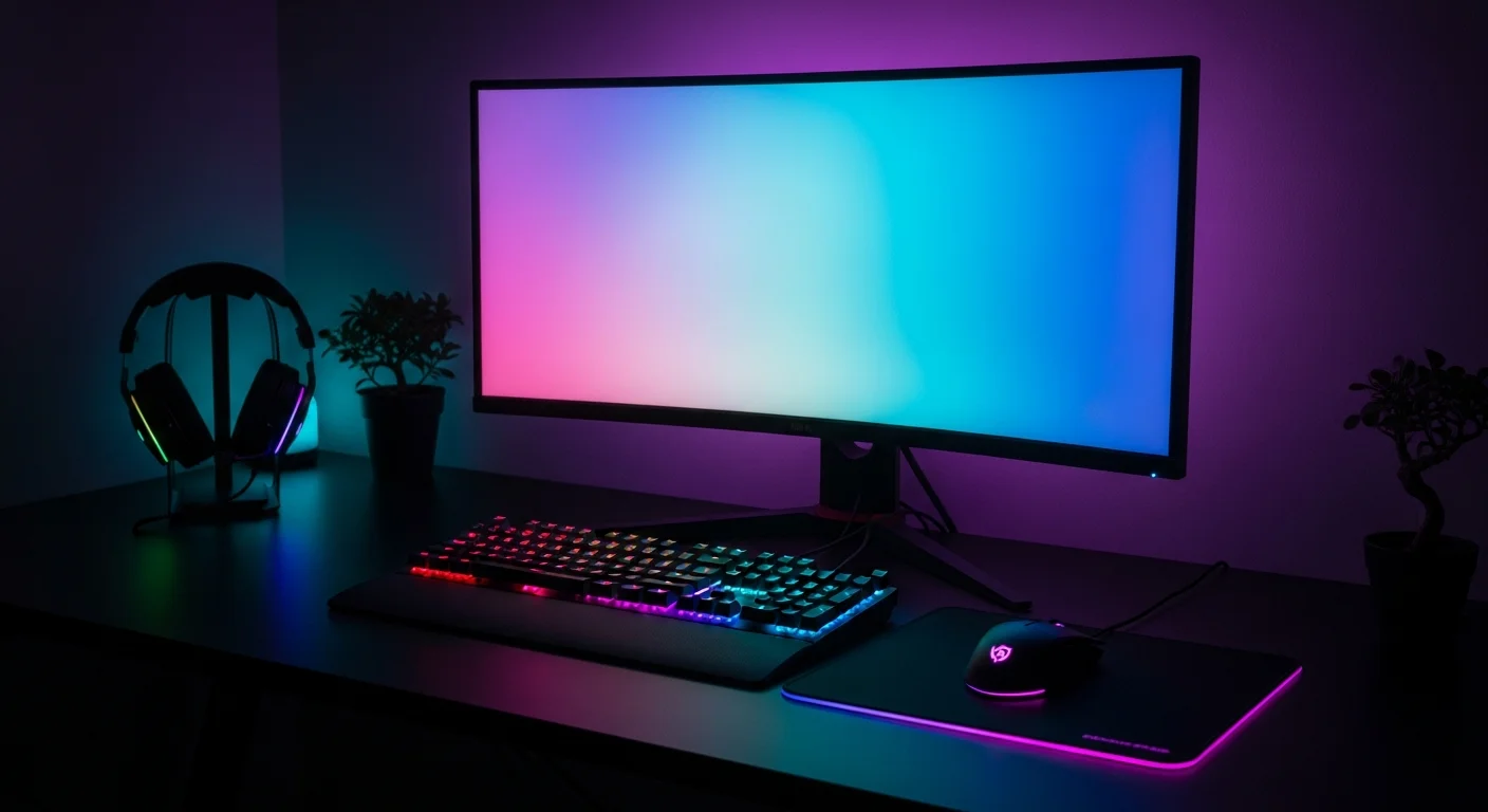 Setup gaming avec moniteur incurvé rétroéclairé et clavier RGB