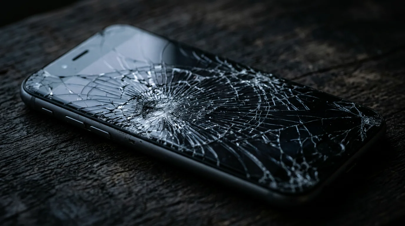 Écran de smartphone cassé avec motif en toile d'araignée sur fond sombre