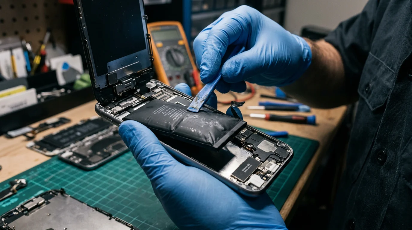 Remplacement de batterie lithium gonflée dans un smartphone ouvert avec des outils en plastique et gants de protection