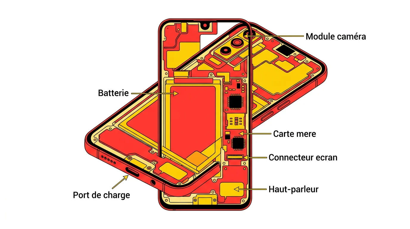 Schéma technique en coupe d'un smartphone montrant les composants internes : batterie, carte mère, connecteur écran, port de charge