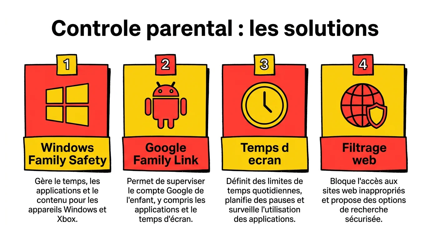 Schéma des solutions de contrôle parental : Windows Family Safety, Google Family Link, temps d'écran et filtrage web