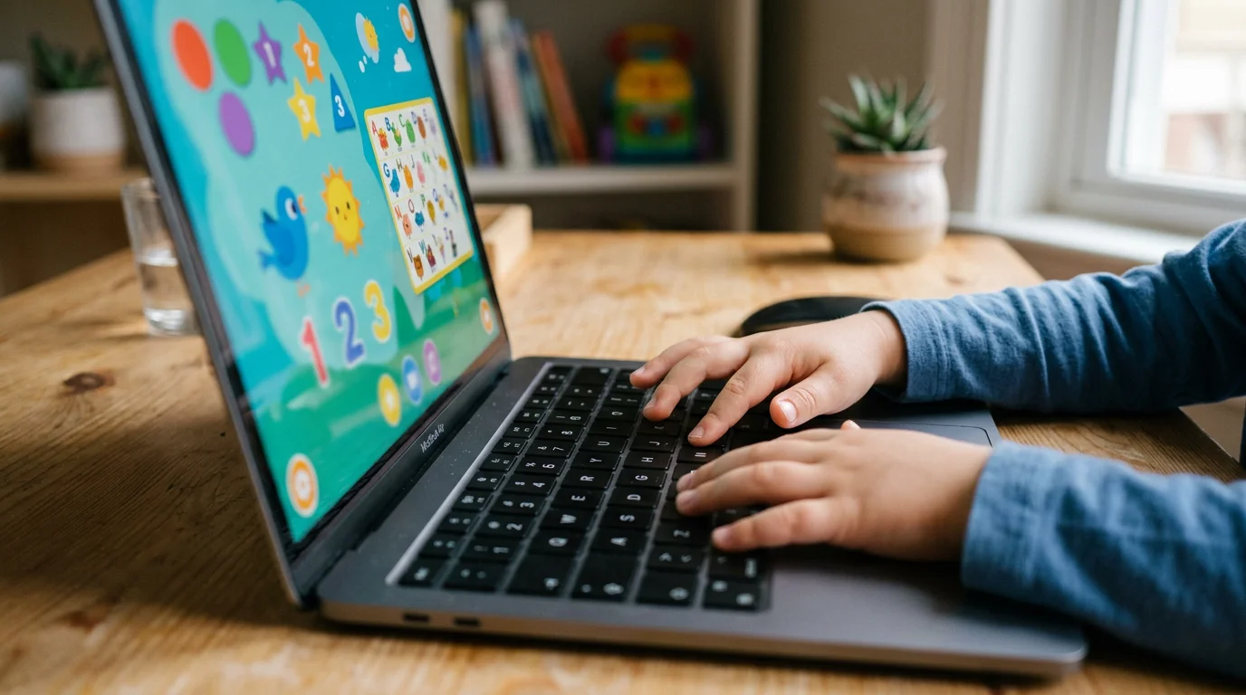 Mains d'enfant sur le clavier d'un ordinateur portable avec contenu éducatif à l'écran