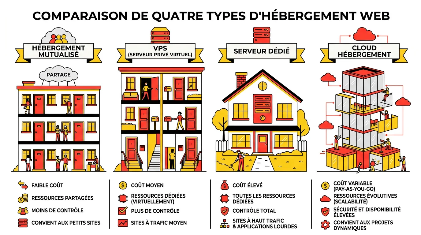 Infographie comparative des quatre types d'hébergement web avec métaphores de bâtiments