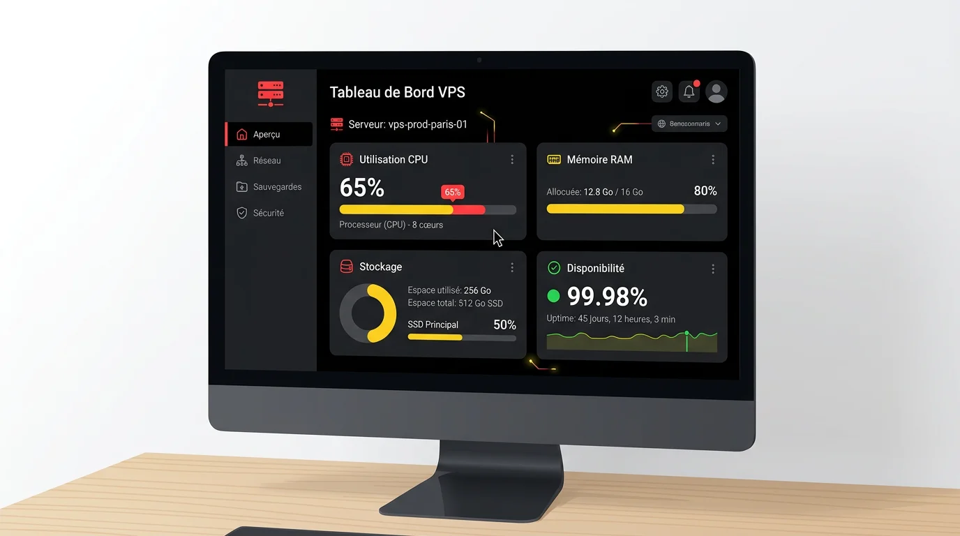Tableau de bord d'administration VPS montrant les métriques CPU, RAM et stockage