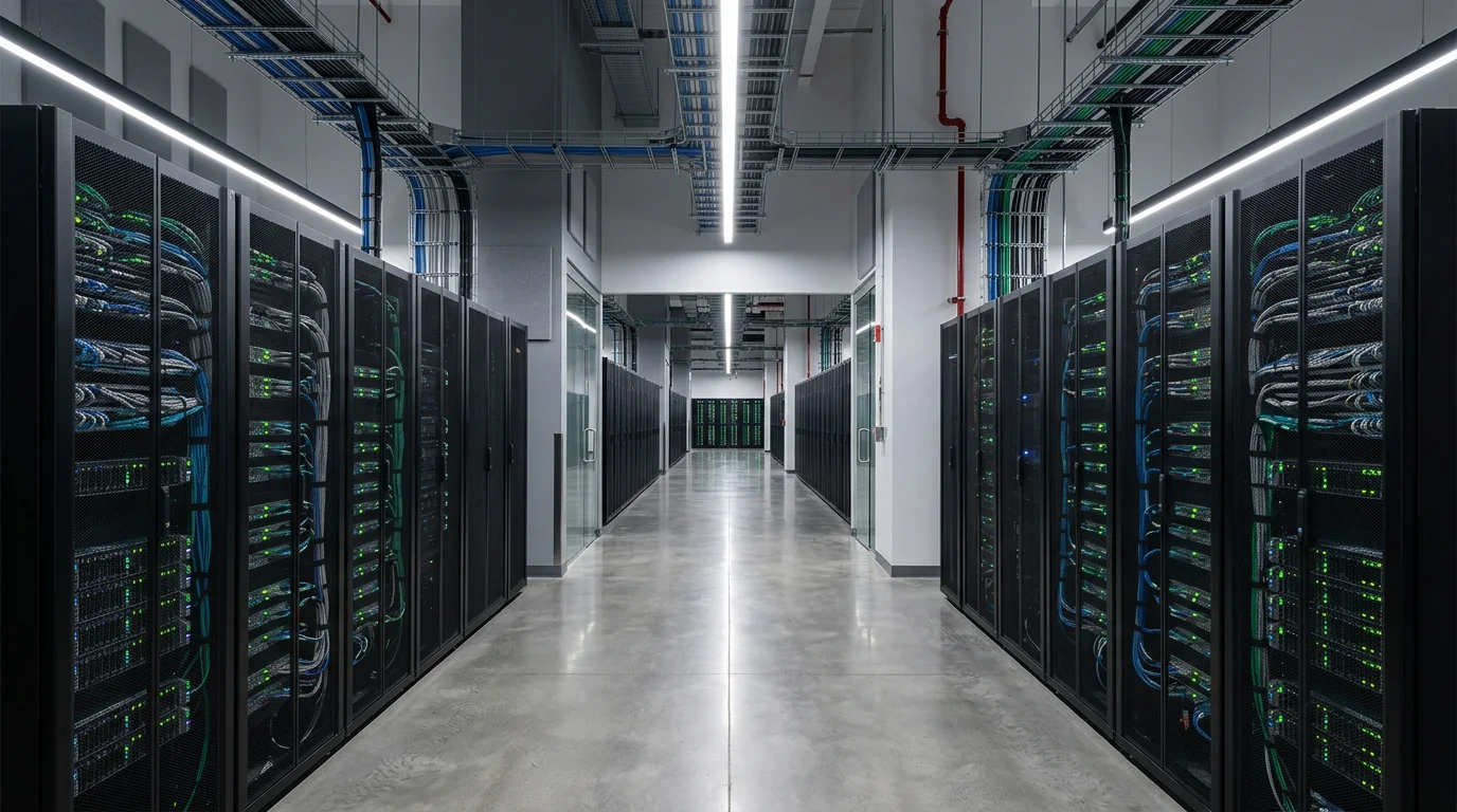 Couloir de datacenter professionnel avec rangées de serveurs et éclairage vert et bleu