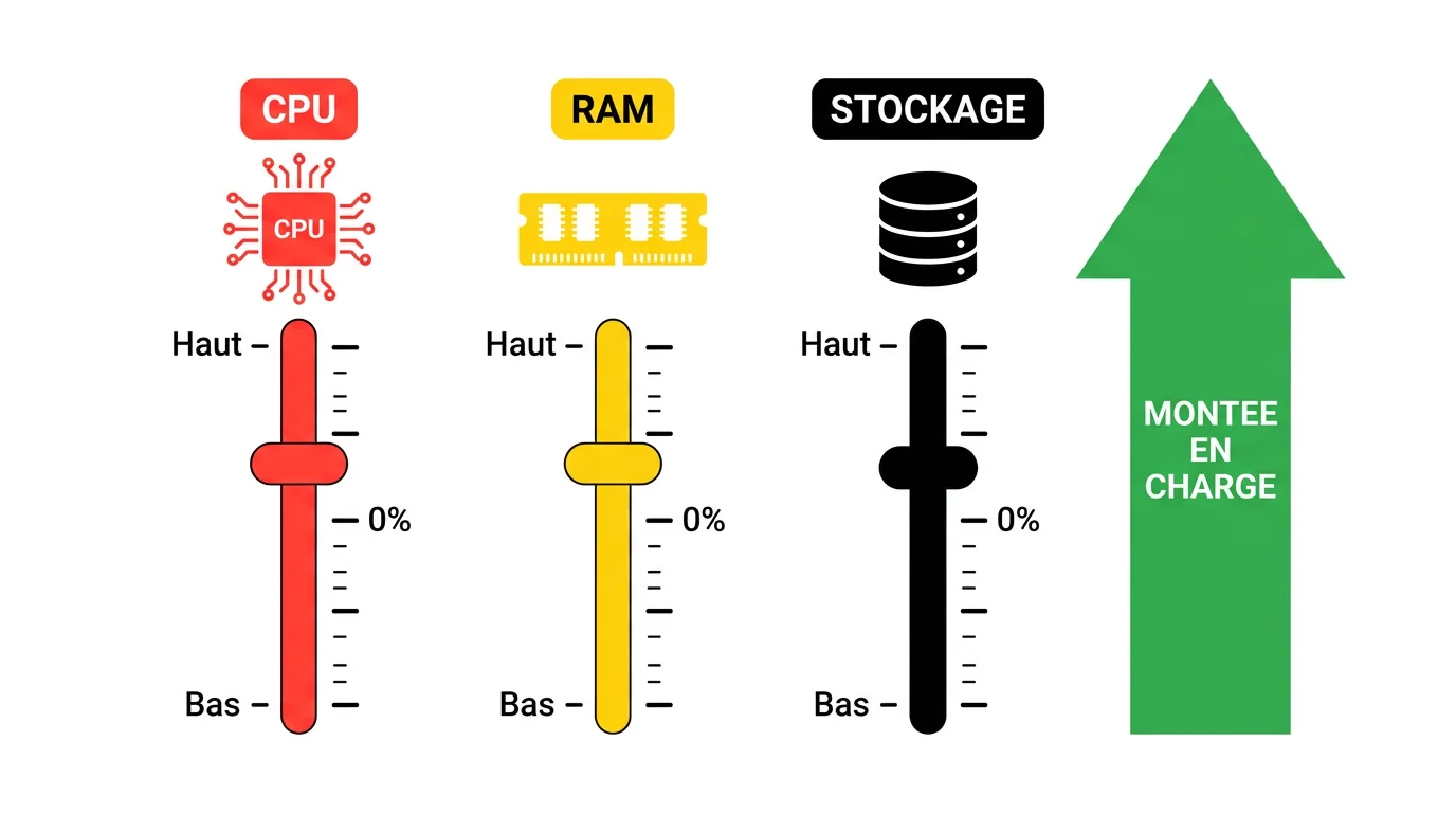 Illustration de la scalabilité d'un VPS avec curseurs de ressources CPU, RAM et stockage