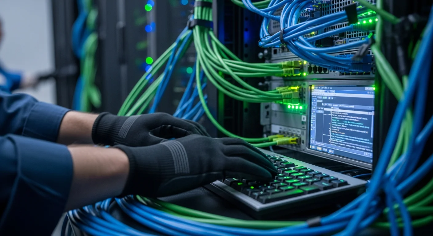 Technicien IT configurant un pare-feu sur un serveur rack dans une salle serveur avec câbles réseau et LEDs