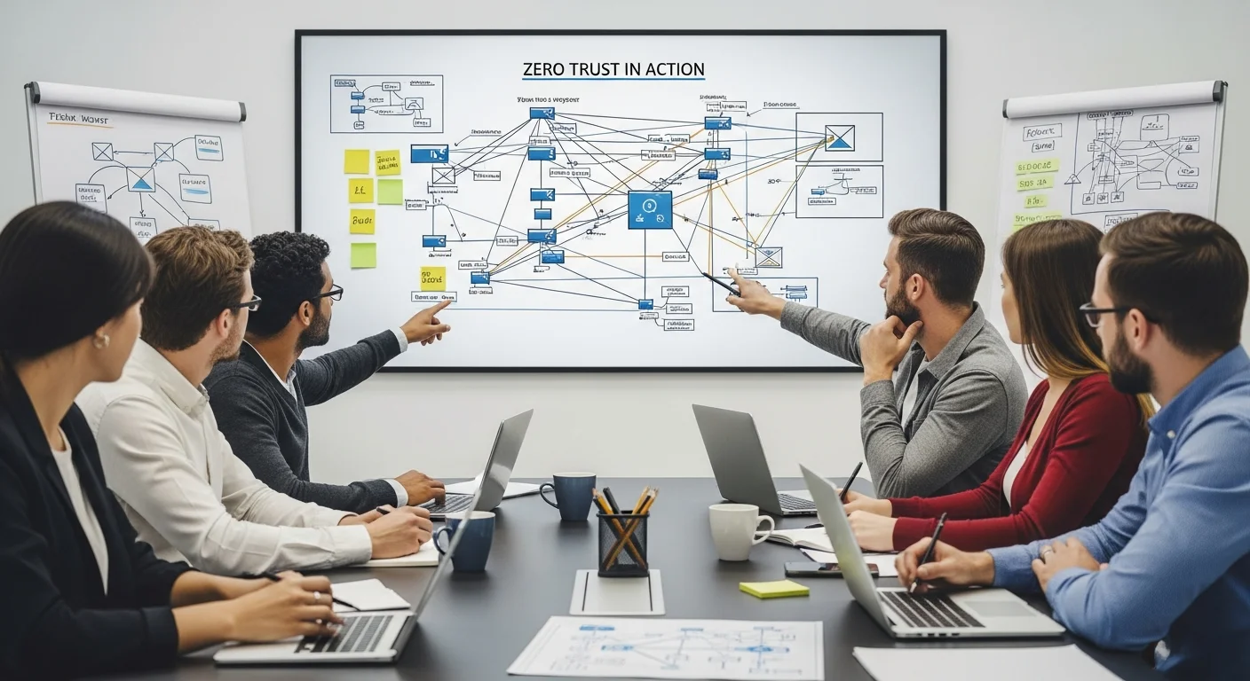 Équipe IT en réunion avec un diagramme d'architecture Zero Trust projeté sur écran et schémas sur whiteboard