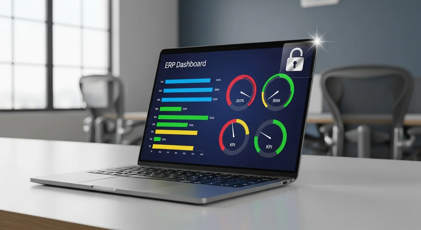 Dashboard ERP affiché sur un ordinateur portable avec icône de sécurité dans un bureau professionnel moderne