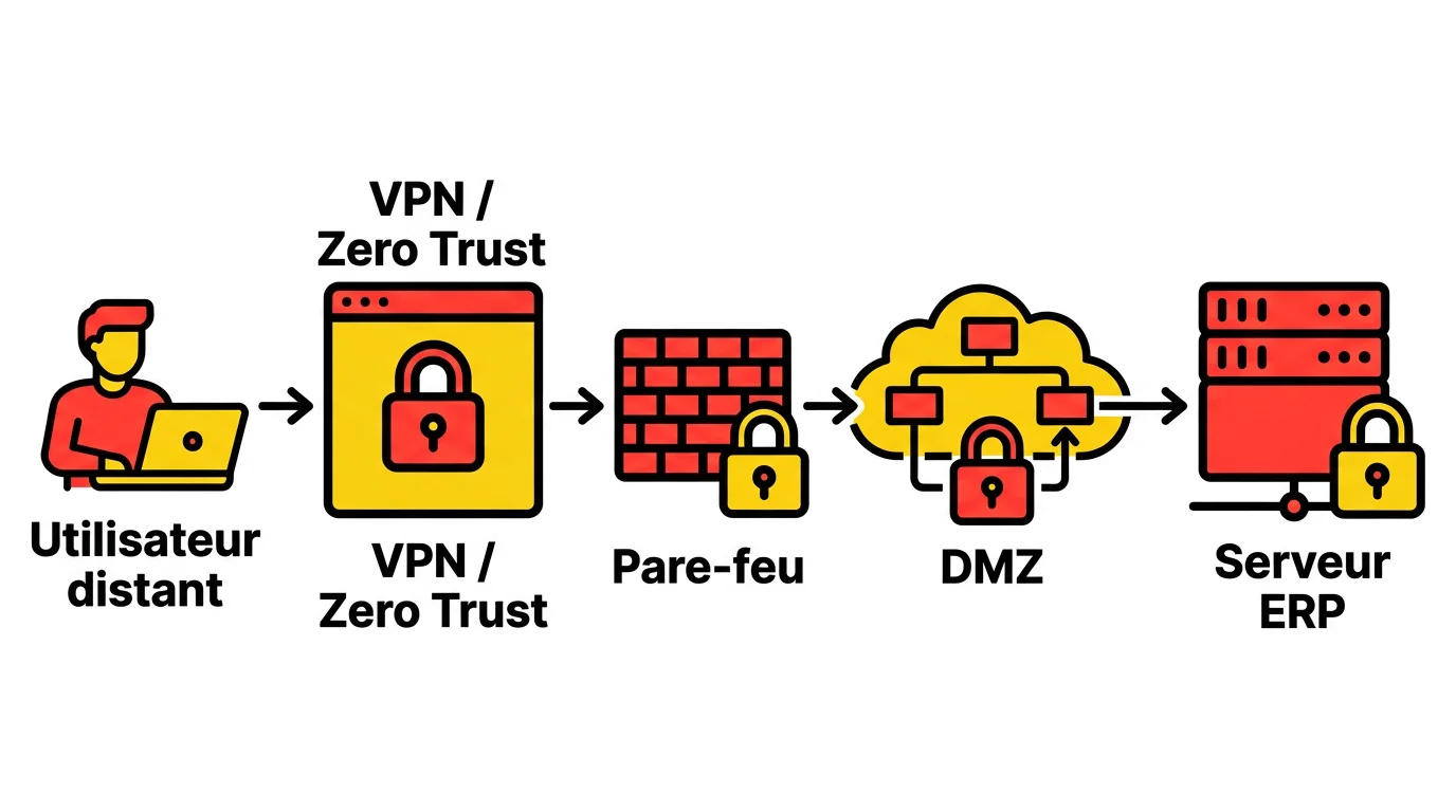 Schéma technique de l'architecture d'accès distant sécurisé à un ERP avec VPN, pare-feu, DMZ et serveur ERP