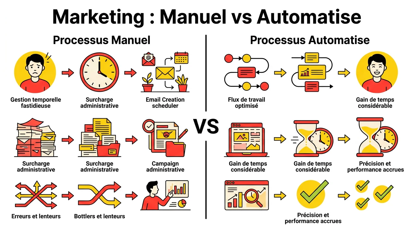 Comparatif marketing : processus manuel stressant vs processus automatise fluide