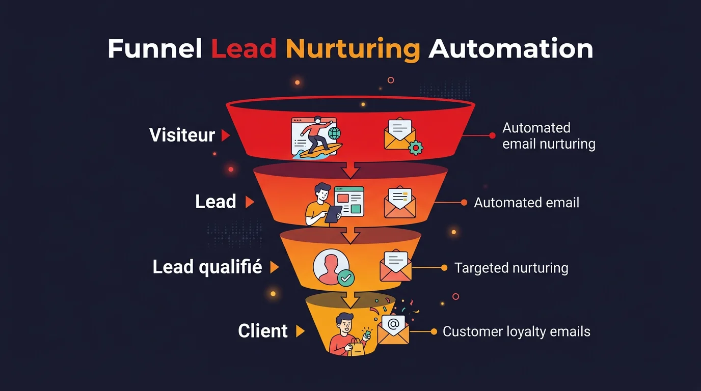 Schema funnel lead nurturing : les 4 etapes du parcours de conversion automatise