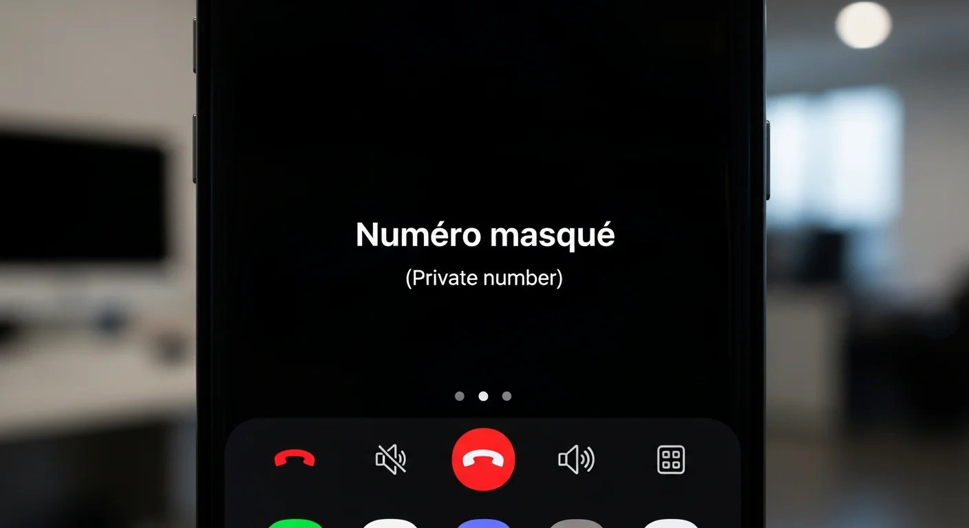 Écran de smartphone affichant un appel sortant avec la mention Numéro masqué à la place du numéro de l'appelant